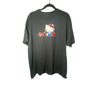 Hello Kitty Black Graphic Tee Large Sanrio Apples & Cityscape Design 100% Cotton